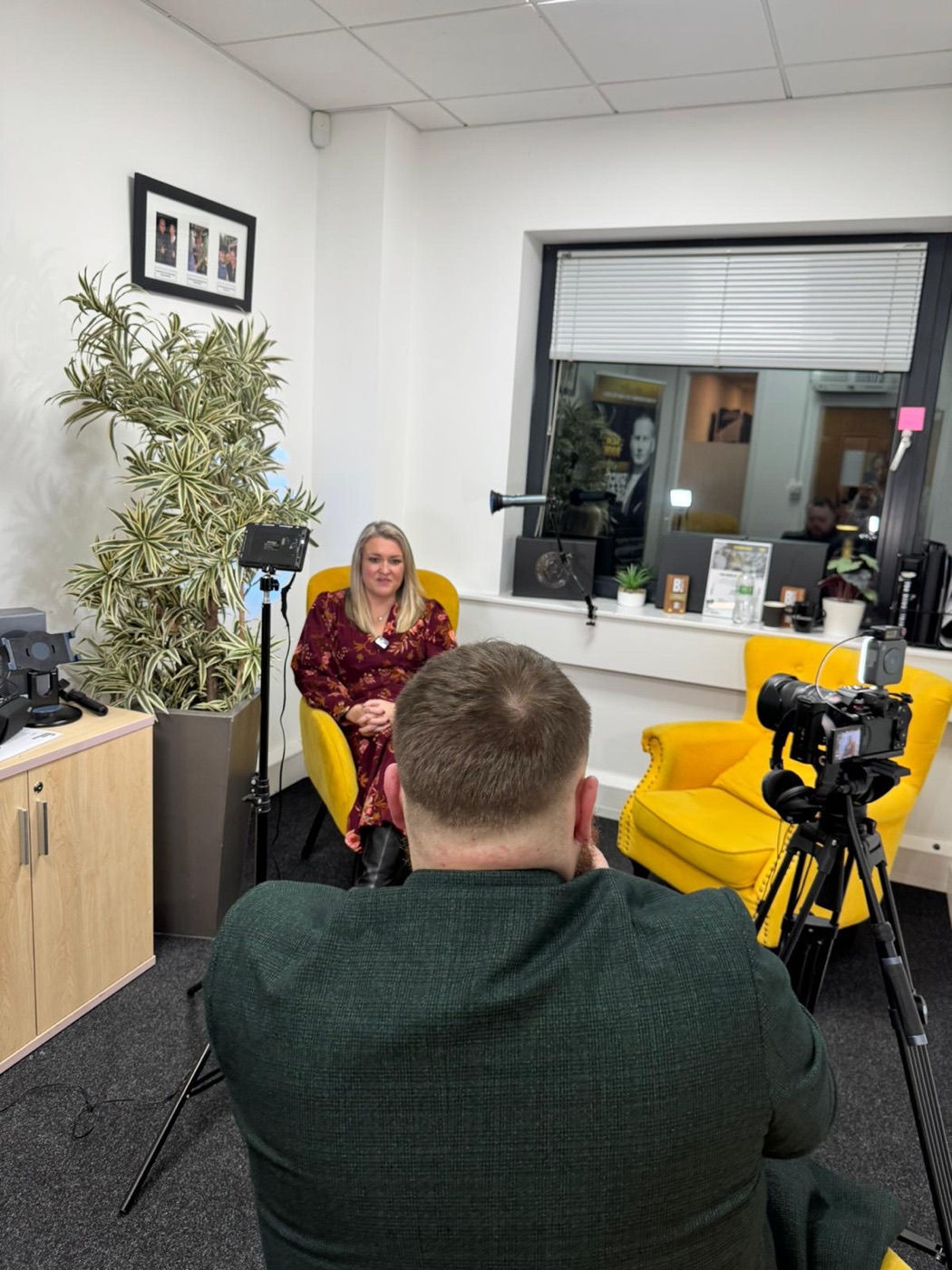 Interview filming setup with Sara Davies